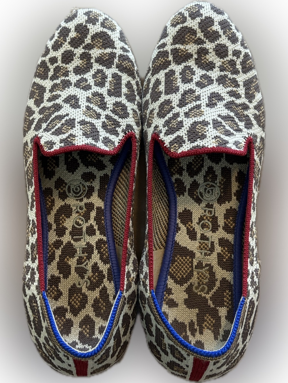 Rothy's Cheetah - The Loafer- Mocha Spot Knit Slip-Ons with Red & Blue Trim